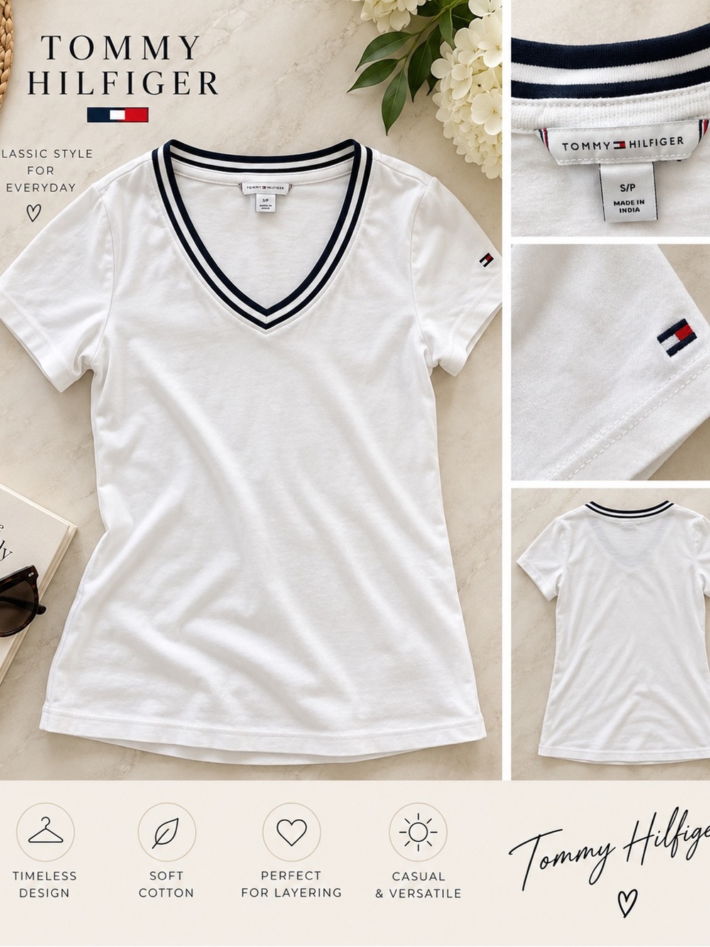 Tommy Hilfiger White V-Neck Tee with Navy Double-Stripe Trim Small